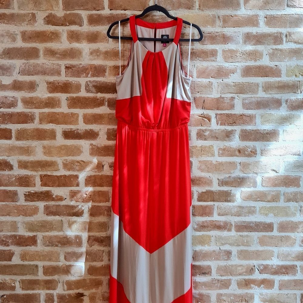 Vince Camuto Maxi Dress Orange & Beige Size 14 Elastic Waist Casual /Formal NWOT